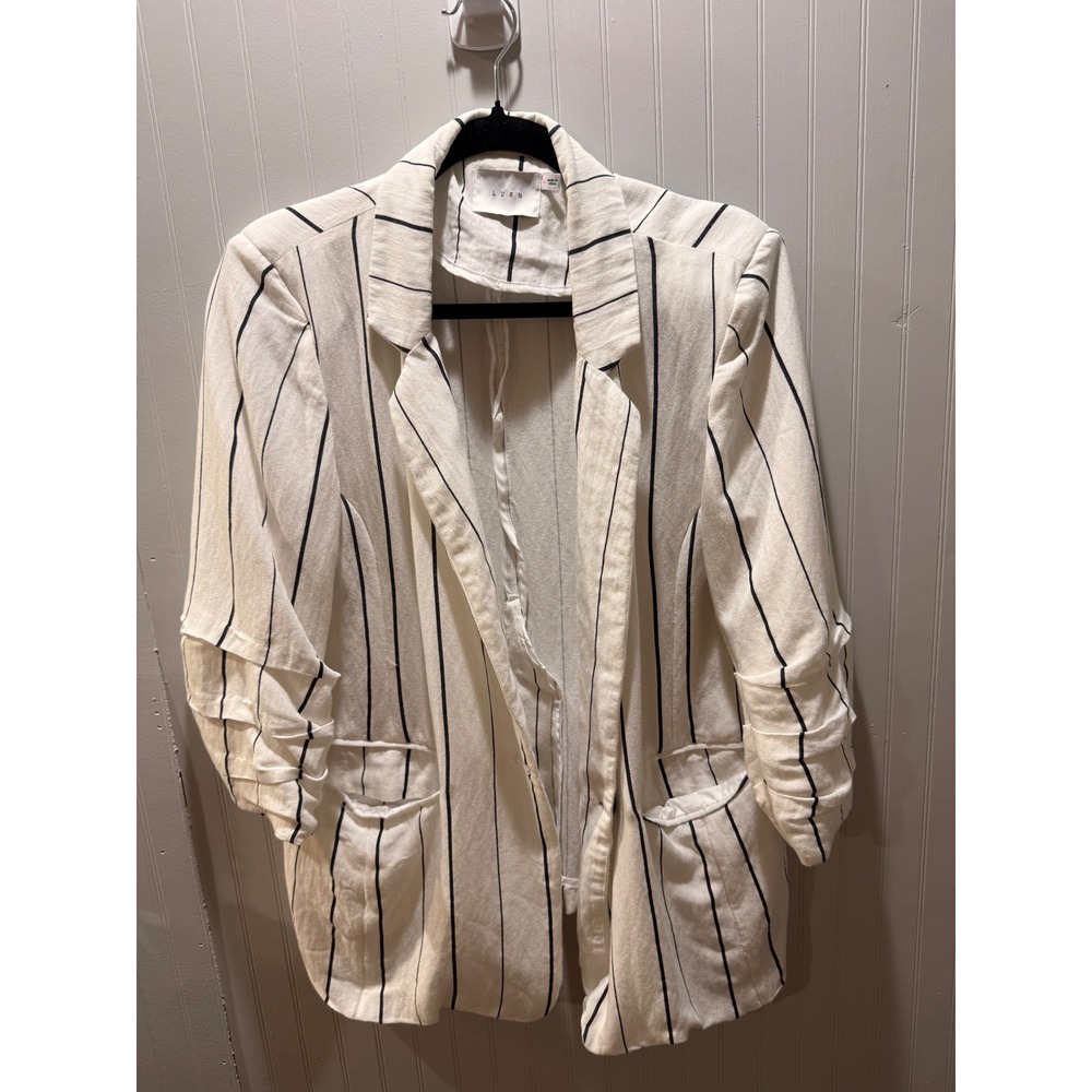 LUSH‎ Womens White Black Striped Open Front Blazer Ruched 3/4 Sleeve Large